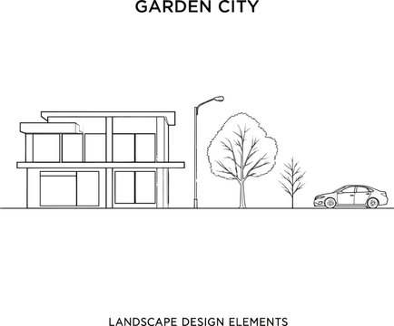 Create a Architectural Drawings, Minimal style cad tree line drawing, Side view, set of section garden city street building outline for landscape design drawing. seperate element vector art .