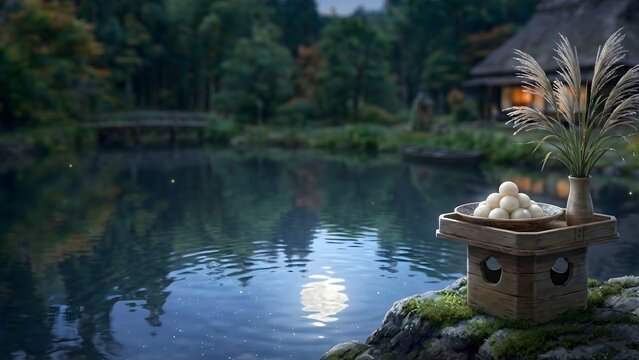Close-up of moon-viewing (Tsukimi) dango dumplings and pampas grass (susuki) on a stand by a pond, with a traditional Japanese house and full moon reflected in the blurred background.