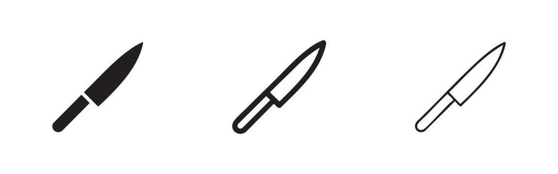 Kitchen knife chef tool icon set with silhouette, bold, and thin outline styles