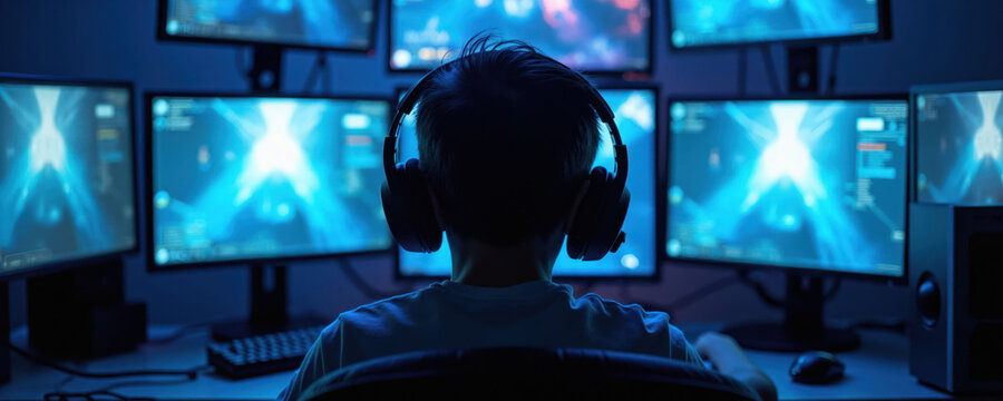 Person wears headset plays computer games with many monitors. Young man focuses intently on digital entertainment in dark room. Online gaming setup, blue light glows.
