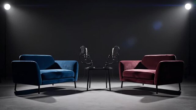 A studio setup featuring two armchairs and microphones, centered around a table. Spotlights create dramatic illumination, casting shadows. Dark tones dominate