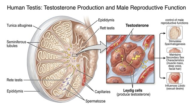Detailed illustration of the human testis within the scrotum highlighting seminiferous tubules, rete testis, epididymis, capillaries, and clusters of Leydig cells releasing testosterone that controls 