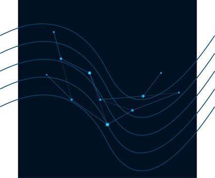Abstract dark blue topographic map background with flowing contour lines and connected data points for technology illustration