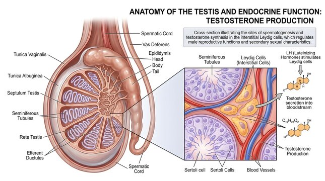 Cross‑sectional anatomy of the human testis showing seminiferous tubules, spermatogenic cells, interstitial Leydig cells producing testosterone, epididymis, tunica albuginea, and blood vessels support
