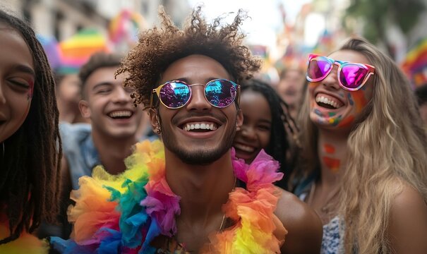 Joyful man with sunglasses and a colorful lei laughs during a vibrant outdoor parade.