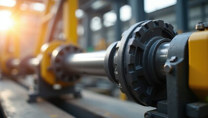 Naklejka premium Metal hydraulic cylinder shaft extends forward. Heavy industrial machinery part, part of complex mechanism. Shows strong engineering and manufacturing detail.