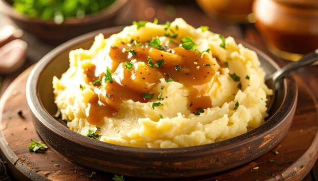Delicious creamy mashed potatoes topped with savory brown gravy and fresh parsley served in a rustic wooden bowl on a dark table highlighting a comforting homemade meal.