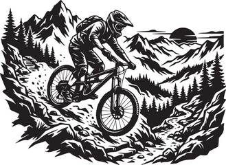 Fototapeta premium Mountain biking, downhill cyclist, black and white vector, illustration, outdoor sports