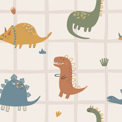 Cute seamless dinosaur pattern with hand drawn prehistoric animals in Scandinavian nursery style. Playful kids background with soft earthy colors, abstract grid, funny dino characters for fabric © Irina Ostapenko