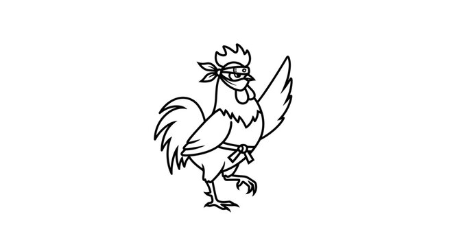 Funny Ninja Chicken Cartoon Character with Black Belt and Bandana