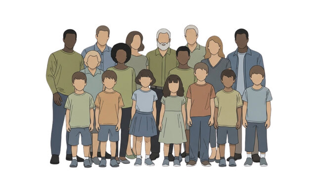 A diverse group of people of various ages and ethnicities stand together in a united illustration.