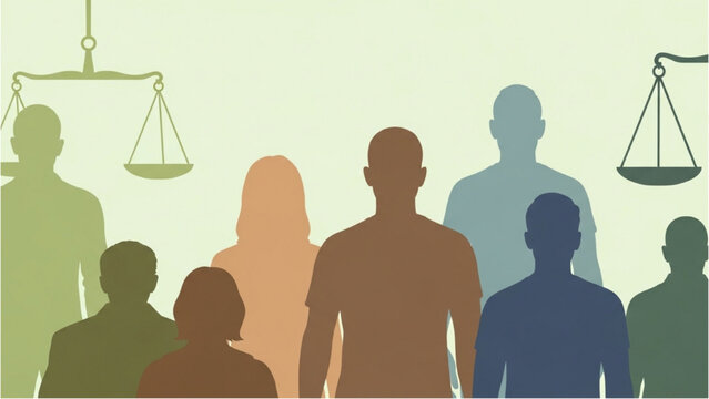 Diverse group of people standing under scales of justice symbol