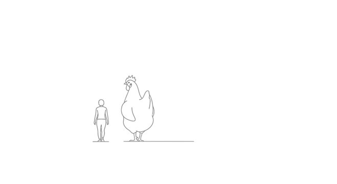 Giant Chicken and Tiny Man Comparison, Surreal Scale Difference, Humorous Concept