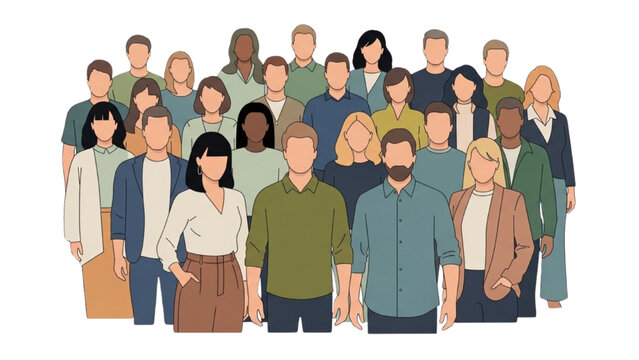 A diverse group of people standing together in a crowd formation indoors