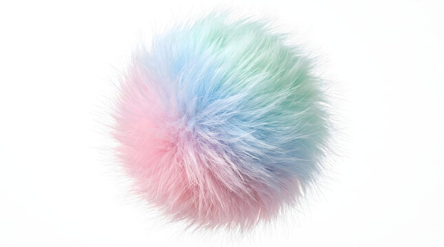 A fluffy, multicolored faux fur pom-pom on a white background. A colorful pastel gradient texture of a soft, fuzzy sphere, rendered in high-resolution 3D. AI generated.