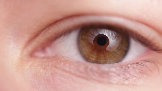 Extreme close-up of a human eye with brown iris and detailed skin texture