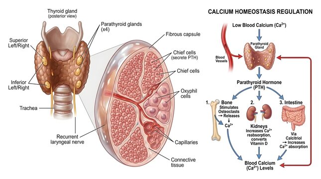 Composite illustration of parathyroid glands on the thyroid, magnified cross‑section showing chief and oxyphil cells with capillaries, and flowchart explaining parathyroid hormone regulation of calciu