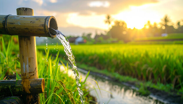 Clear water flows from bamboo spout into lush green fields at sunset