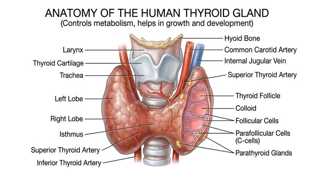 Frontal anatomical illustration of the human thyroid gland around the trachea showing right and left lobes, isthmus, thyroid cartilage, hyoid bone, carotid arteries, jugular veins, thyroid follicles, 