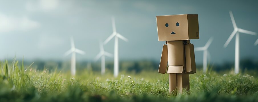 The cardboard figure quietly introduces an idea of green energy, sustainability, or environmental conscience with wind turbines visible in the backdrop.