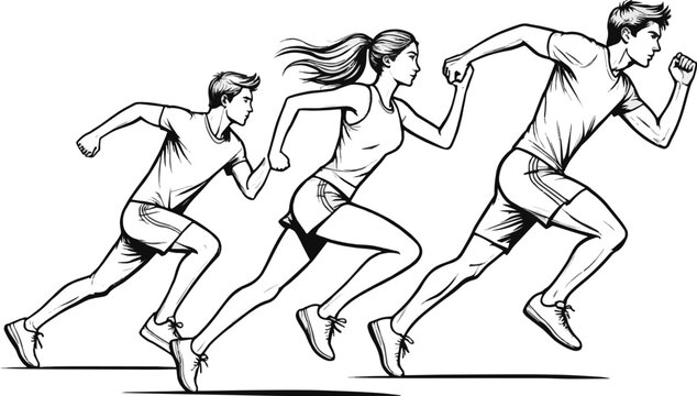 Create a realistic people Running people group illustration with energetic youth sprinting, chasing, and dynamic movement poses in clean minimal line drawing style vector art with white background..