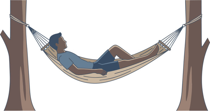 Create a realistic side view person lying on hammock, flat elevation view. vector art with white background..