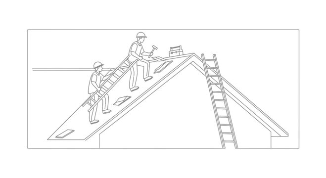 Construction workers installing roof shingles on a residential house using ladders