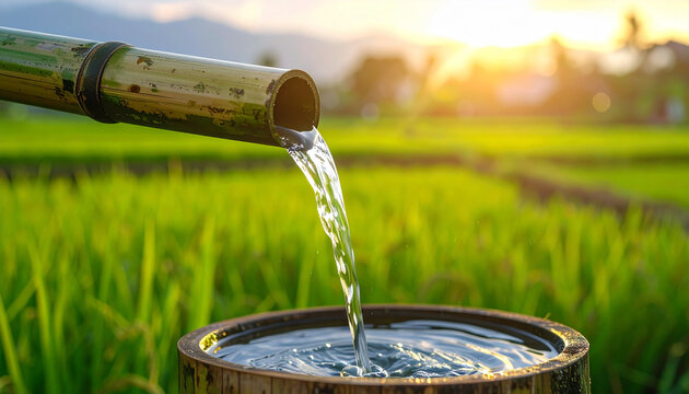 Clear water flows from bamboo spout into wooden container at sunrise