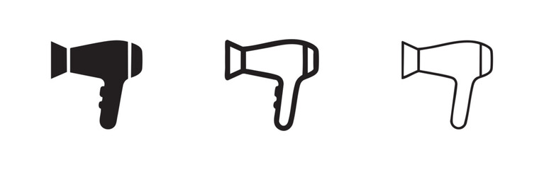 Hair dryer icons in solid, bold, and thin outline styles for beauty, hair care, and salon themes. © liubomir118809