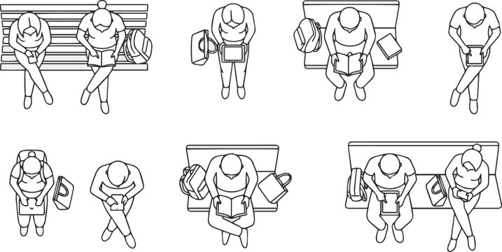 Create a realistic Top view lineof sitting people set, diverse characters with bags and books in overhead perspective, clean minimal outline style for urban and architectural drawing use vector art .