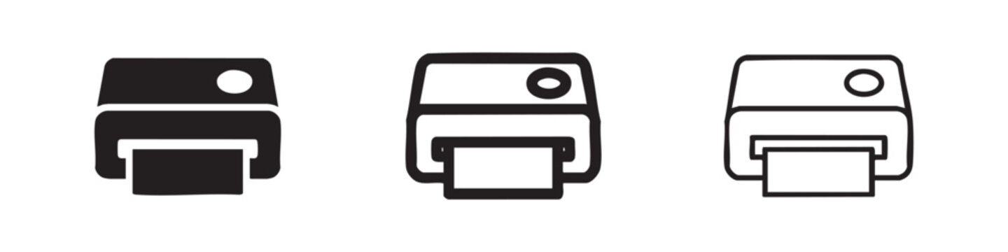 Printer icons in solid, bold, and thin outline styles for office, business, and document printing.