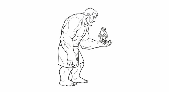 Giant holding tiny person in palm, illustration of power imbalance and scale difference