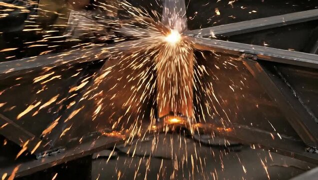 Industrial welding process sparks and metal fabrication close up