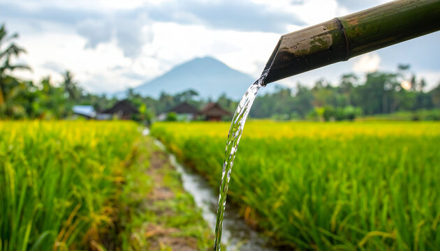 Clear water flows from bamboo spout over vibrant green rice field