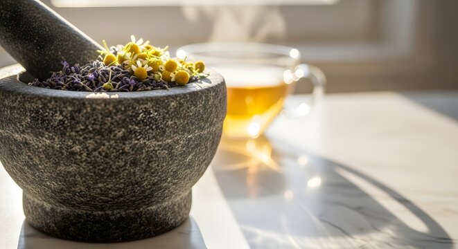 Mortar and pestle with fresh turmeric beside golden tea in glass