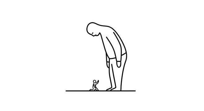 Giant looming over tiny person, feeling small, intimidation, power imbalance, vulnerability
