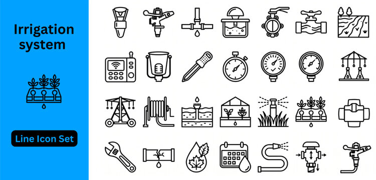 Line art vector of Irrigation system icon set. Irrigation system Line icon set. Featuring water management systems including sprinklers, drip emitters, flow meters, soil probes