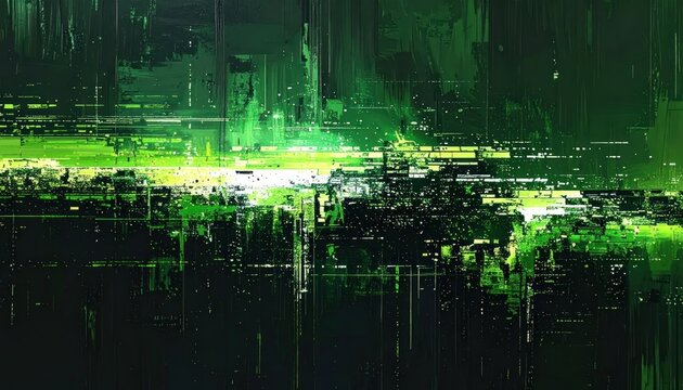 Dynamic abstract digital art featuring a glitch effect cityscape with vibrant green data streams and light trails on a dark futuristic background.