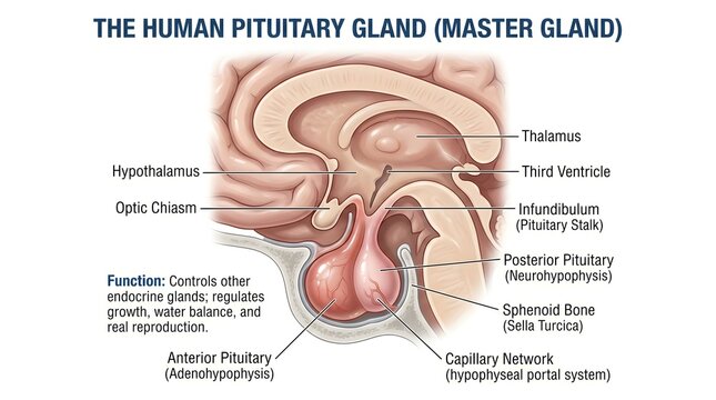 Sagittal diagram of the human pituitary gland beneath the hypothalamus showing optic chiasm, infundibulum, anterior and posterior lobes, capillary network of the hypophyseal portal system, thalamus, t