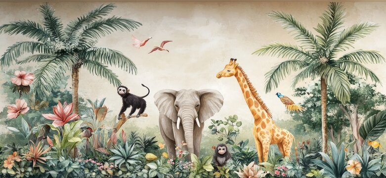 Vibrant jungle scene displays an elephant, a giraffe, and monkeys amidst lush palm trees and colorful flowers.