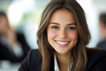 Fototapeta premium Young businesswoman with a warm smile and dimples looks confidently towards the camera in a professional office setting.