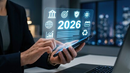 Fototapeta premium Business professional using smartphone with futuristic 2026 digital interface