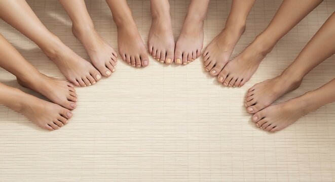 A Diverse Group of Bare Feet Arranged in a Semi-Circle on a Light Wooden Floor.
