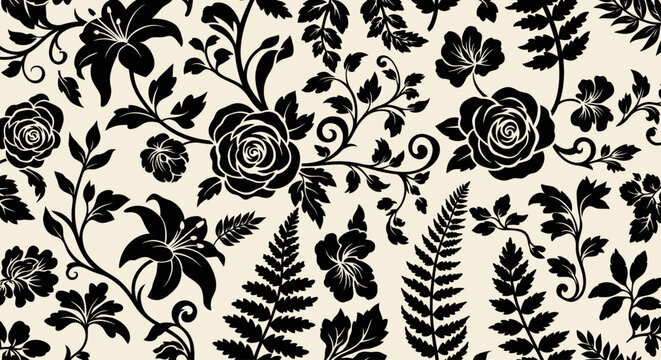 Elegant black and white floral pattern with rose and lily silhouettes