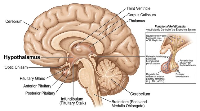 Sagittal view of the human brain highlighting the hypothalamus, optic chiasm, pituitary gland with anterior and posterior lobes, corpus callosum, third ventricle, brainstem, and cerebellum with inset 