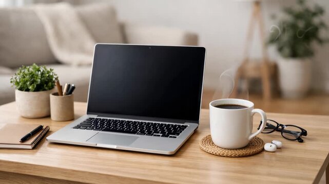 Cozy home workspace on a wooden desk featuring an open laptop with a blank screen, a steaming mug of coffee, glasses, earbuds, and a potted plant next to a notebook and pen.