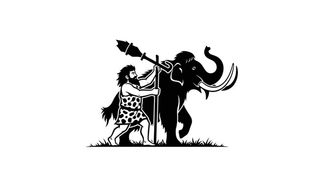 Caveman hunting a woolly mammoth with a spear.