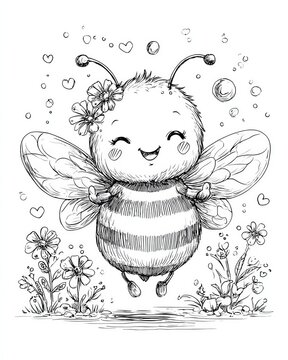 Happy bee dancing among flowers outdoor garden illustration cheerful environment close-up view nature concept