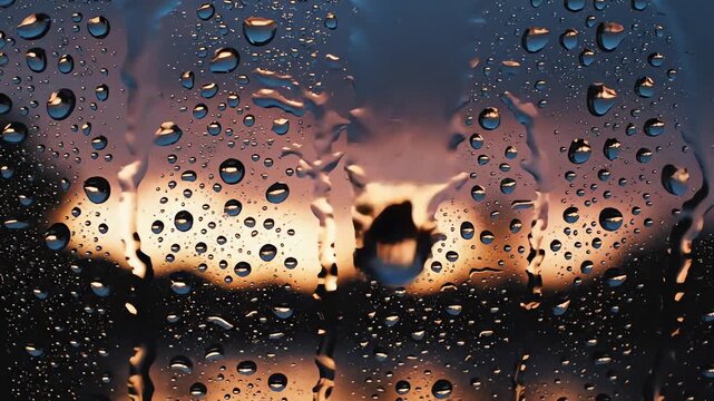 Raindrops sliding down window glass during sunset