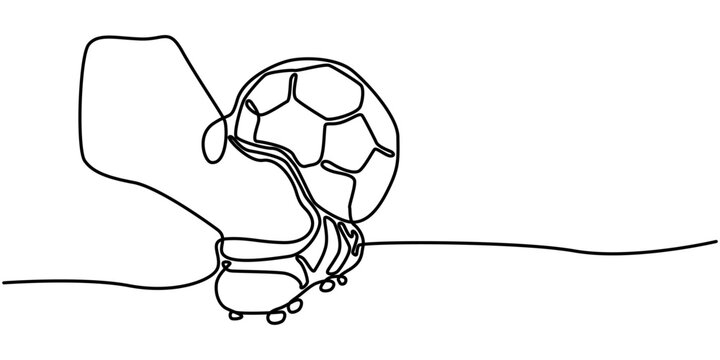Continuous line art of professional football boot kicking classic soccer ball